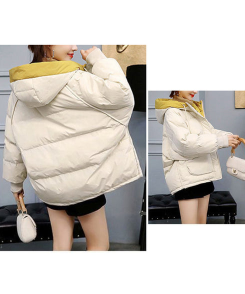 配色フード付き中綿ジャケットレディース冬 バイカラーエコダウンジャケット 韓国風フェイクダウンコート 暖かブルゾン 防寒防風キルティングジャケットフーディアウター 92MINGLI-002
