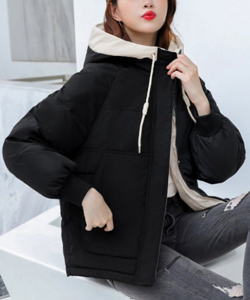 配色フード付き中綿ジャケットレディース冬 バイカラーエコダウンジャケット 韓国風フェイクダウンコート 暖かブルゾン 防寒防風キルティングジャケットフーディアウター 92MINGLI-002