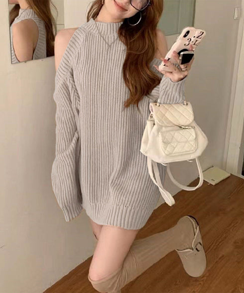 オープンショルダーニットワンピースミニ丈 レディース ショルダーカットニットチュニック セクシー肌見せニットセーター ハイネックリブニット ゆったり 韓国風秋冬服 92MRJFS-001