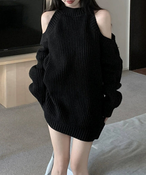 オープンショルダーニットワンピースミニ丈 レディース ショルダーカットニットチュニック セクシー肌見せニットセーター ハイネックリブニット ゆったり 韓国風秋冬服 92MRJFS-001