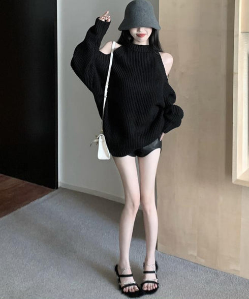 オープンショルダーニットワンピースミニ丈 レディース ショルダーカットニットチュニック セクシー肌見せニットセーター ハイネックリブニット ゆったり 韓国風秋冬服 92MRJFS-001