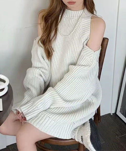 オープンショルダーニットワンピースミニ丈 レディース ショルダーカットニットチュニック セクシー肌見せニットセーター ハイネックリブニット ゆったり 韓国風秋冬服 92MRJFS-001