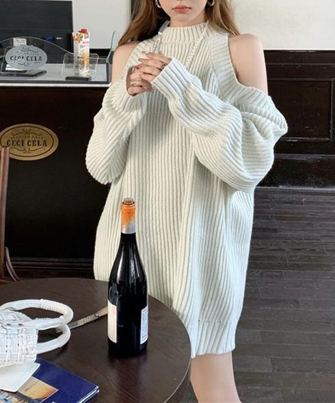 オープンショルダーニットワンピースミニ丈 レディース ショルダーカットニットチュニック セクシー肌見せニットセーター ハイネックリブニット ゆったり 韓国風秋冬服 92MRJFS-001