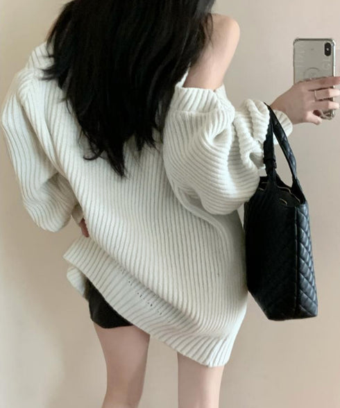 オープンショルダーニットワンピースミニ丈 レディース ショルダーカットニットチュニック セクシー肌見せニットセーター ハイネックリブニット ゆったり 韓国風秋冬服 92MRJFS-001