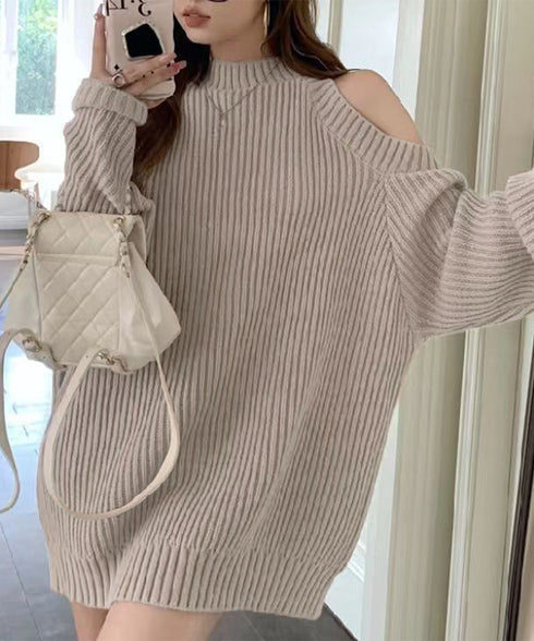 オープンショルダーニットワンピースミニ丈 レディース ショルダーカットニットチュニック セクシー肌見せニットセーター ハイネックリブニット ゆったり 韓国風秋冬服 92MRJFS-001