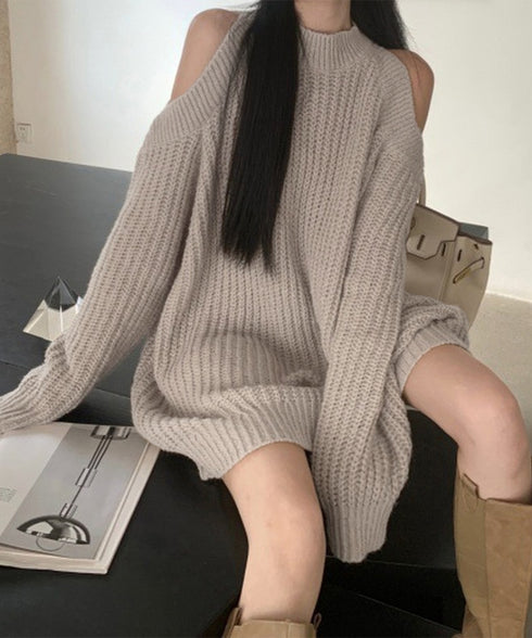 オープンショルダーニットワンピースミニ丈 レディース ショルダーカットニットチュニック セクシー肌見せニットセーター ハイネックリブニット ゆったり 韓国風秋冬服 92MRJFS-001