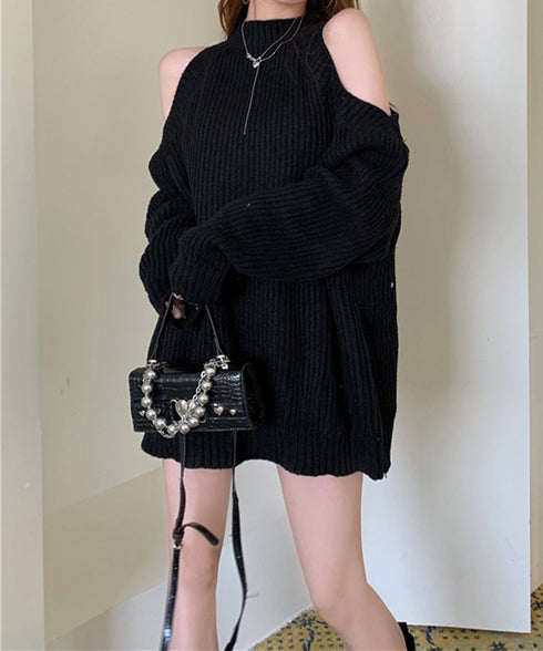 オープンショルダーニットワンピースミニ丈 レディース ショルダーカットニットチュニック セクシー肌見せニットセーター ハイネックリブニット ゆったり 韓国風秋冬服 92MRJFS-001