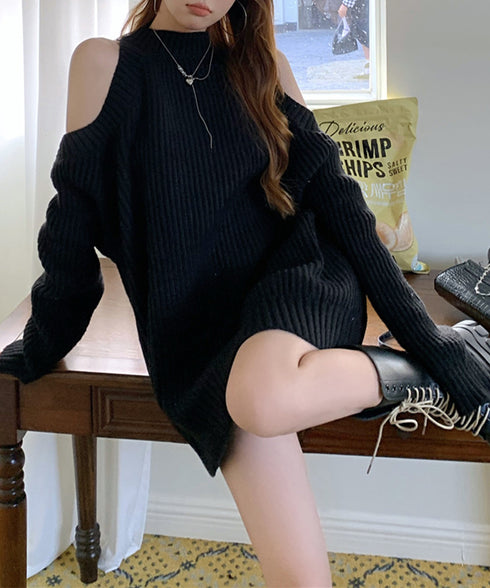 オープンショルダーニットワンピースミニ丈 レディース ショルダーカットニットチュニック セクシー肌見せニットセーター ハイネックリブニット ゆったり 韓国風秋冬服 92MRJFS-001