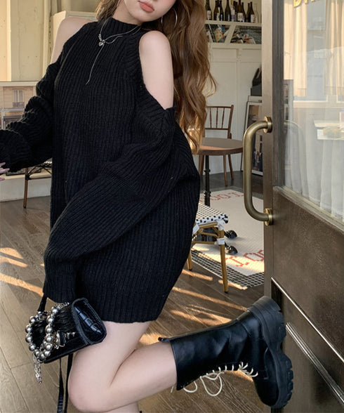 オープンショルダーニットワンピースミニ丈 レディース ショルダーカットニットチュニック セクシー肌見せニットセーター ハイネックリブニット ゆったり 韓国風秋冬服 92MRJFS-001