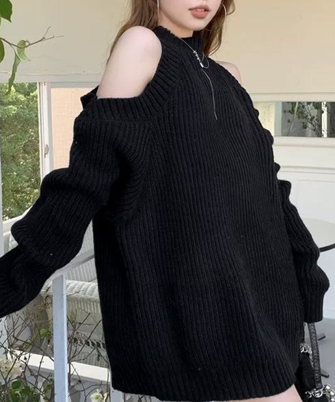 オープンショルダーニットワンピースミニ丈 レディース ショルダーカットニットチュニック セクシー肌見せニットセーター ハイネックリブニット ゆったり 韓国風秋冬服 92MRJFS-001