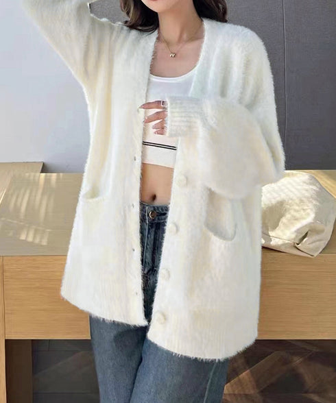 シャギーニットカーディガンVネック秋冬服 ふわふわフェザーニットカーディガン オーバーサイズゆるニット お尻が隠れる ロング羽織り体型カバー 抜け感ライトアウター 92MRJFS-003