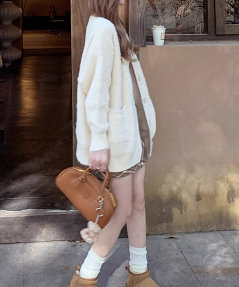 シャギーニットカーディガンVネック秋冬服 ふわふわフェザーニットカーディガン オーバーサイズゆるニット お尻が隠れる ロング羽織り体型カバー 抜け感ライトアウター 92MRJFS-003