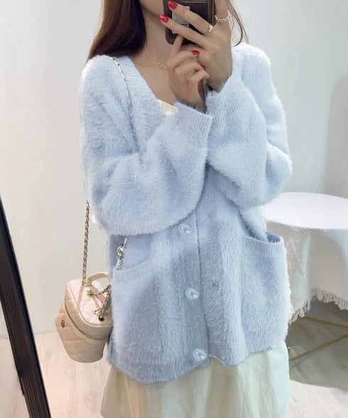 シャギーニットカーディガンVネック秋冬服 ふわふわフェザーニットカーディガン オーバーサイズゆるニット お尻が隠れる ロング羽織り体型カバー 抜け感ライトアウター 92MRJFS-003