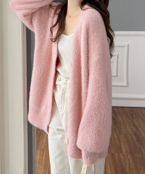 シャギーニットカーディガンVネック秋冬服 ふわふわフェザーニットカーディガン オーバーサイズゆるニット お尻が隠れる ロング羽織り体型カバー 抜け感ライトアウター 92MRJFS-003