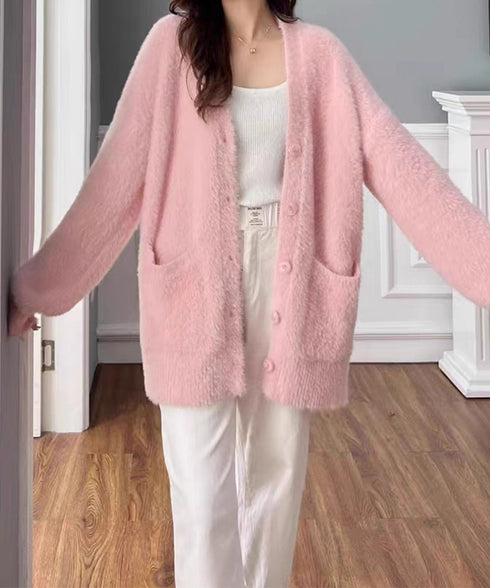 シャギーニットカーディガンVネック秋冬服 ふわふわフェザーニットカーディガン オーバーサイズゆるニット お尻が隠れる ロング羽織り体型カバー 抜け感ライトアウター 92MRJFS-003