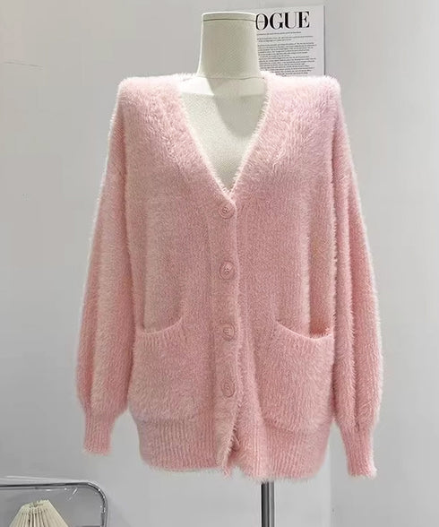 シャギーニットカーディガンVネック秋冬服 ふわふわフェザーニットカーディガン オーバーサイズゆるニット お尻が隠れる ロング羽織り体型カバー 抜け感ライトアウター 92MRJFS-003