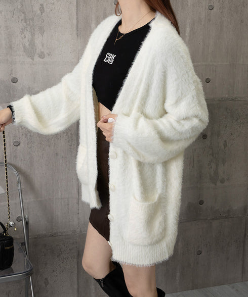 シャギーニットカーディガンVネック秋冬服 ふわふわフェザーニットカーディガン オーバーサイズゆるニット お尻が隠れる ロング羽織り体型カバー 抜け感ライトアウター 92MRJFS-003