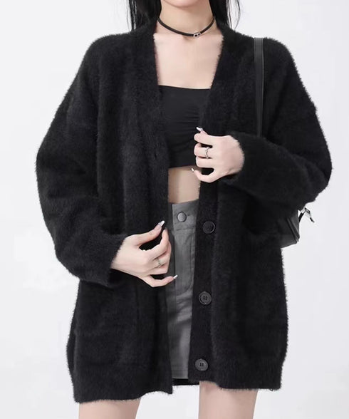 シャギーニットカーディガンVネック秋冬服 ふわふわフェザーニットカーディガン オーバーサイズゆるニット お尻が隠れる ロング羽織り体型カバー 抜け感ライトアウター 92MRJFS-003
