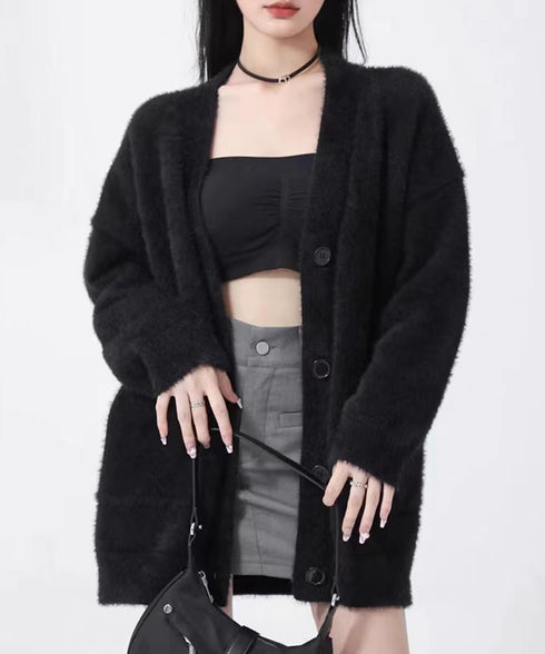 シャギーニットカーディガンVネック秋冬服 ふわふわフェザーニットカーディガン オーバーサイズゆるニット お尻が隠れる ロング羽織り体型カバー 抜け感ライトアウター 92MRJFS-003