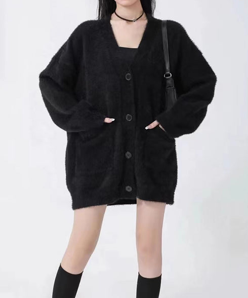 シャギーニットカーディガンVネック秋冬服 ふわふわフェザーニットカーディガン オーバーサイズゆるニット お尻が隠れる ロング羽織り体型カバー 抜け感ライトアウター 92MRJFS-003