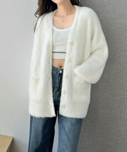 シャギーニットカーディガンVネック秋冬服 ふわふわフェザーニットカーディガン オーバーサイズゆるニット お尻が隠れる ロング羽織り体型カバー 抜け感ライトアウター 92MRJFS-003