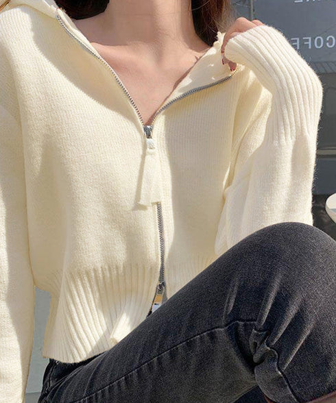 ダブルジップリブニットカーディガン韓国風 2WAYショート丈ニットトップス フード付き 前開き長袖ZIPニットセーター あったか中厚手ニット 通勤通学ニットウェア 92MRJFS-006