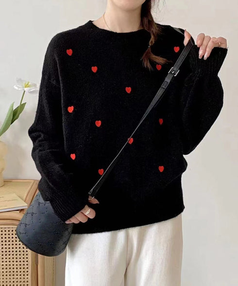 クルーネックハート柄ニットセーター韓国風 配色ニットプルオーバーレディース ニットトップス長袖 カジュアル 大人可愛いニット着回し あったかきれいめ秋冬服 女子力 92MRJFS-008