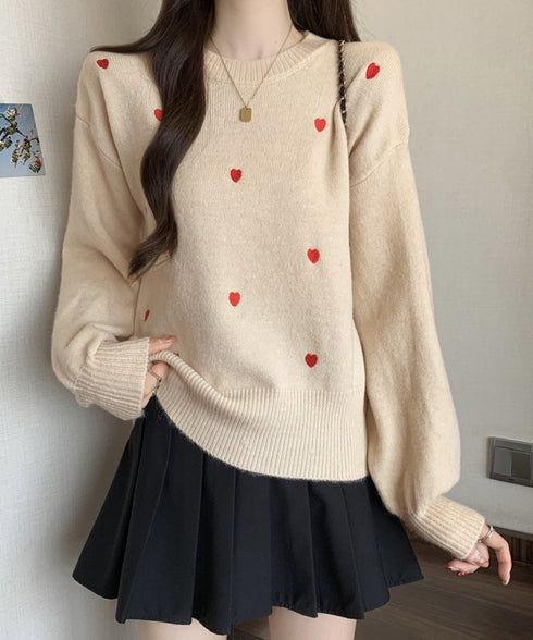クルーネックハート柄ニットセーター韓国風 配色ニットプルオーバーレディース ニットトップス長袖 カジュアル 大人可愛いニット着回し あったかきれいめ秋冬服 女子力 92MRJFS-008