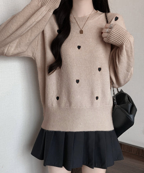 クルーネックハート柄ニットセーター韓国風 配色ニットプルオーバーレディース ニットトップス長袖 カジュアル 大人可愛いニット着回し あったかきれいめ秋冬服 女子力 92MRJFS-008