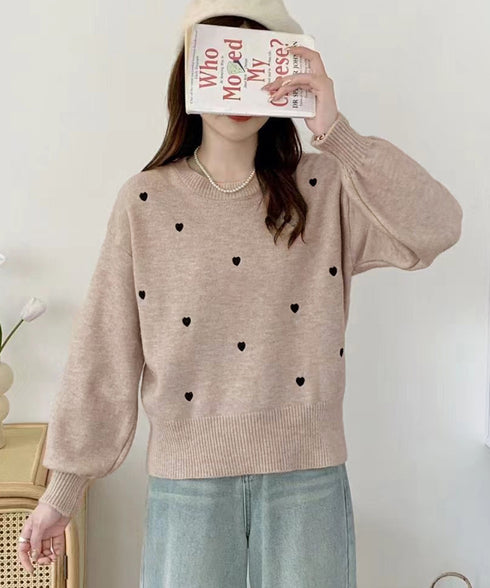 クルーネックハート柄ニットセーター韓国風 配色ニットプルオーバーレディース ニットトップス長袖 カジュアル 大人可愛いニット着回し あったかきれいめ秋冬服 女子力 92MRJFS-008