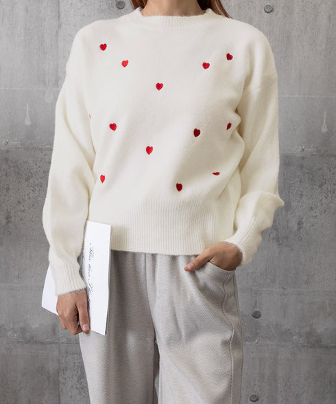 クルーネックハート柄ニットセーター韓国風 配色ニットプルオーバーレディース ニットトップス長袖 カジュアル 大人可愛いニット着回し あったかきれいめ秋冬服 女子力 92MRJFS-008