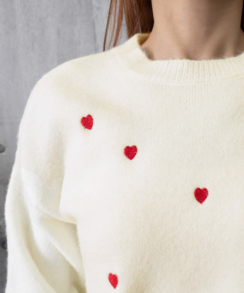 クルーネックハート柄ニットセーター韓国風 配色ニットプルオーバーレディース ニットトップス長袖 カジュアル 大人可愛いニット着回し あったかきれいめ秋冬服 女子力 92MRJFS-008