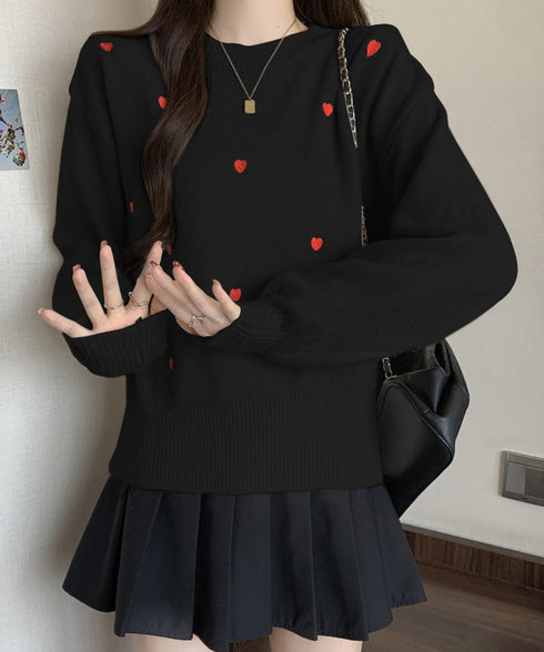 クルーネックハート柄ニットセーター韓国風 配色ニットプルオーバーレディース ニットトップス長袖 カジュアル 大人可愛いニット着回し あったかきれいめ秋冬服 女子力 92MRJFS-008