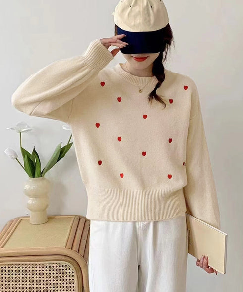 クルーネックハート柄ニットセーター韓国風 配色ニットプルオーバーレディース ニットトップス長袖 カジュアル 大人可愛いニット着回し あったかきれいめ秋冬服 女子力 92MRJFS-008