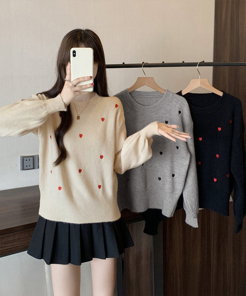クルーネックハート柄ニットセーター韓国風 配色ニットプルオーバーレディース ニットトップス長袖 カジュアル 大人可愛いニット着回し あったかきれいめ秋冬服 女子力 92MRJFS-008