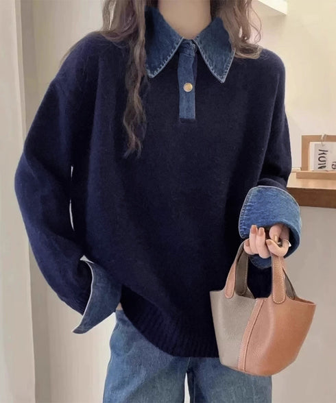 デニム切り替え レイヤード風ニットポロ襟 異素材ドッキングニットトップス 重ね着風 デニム衿ニットプルオーバー レディース おしゃれ 大人カジュアルニット 着やせ 92MRJFS-009