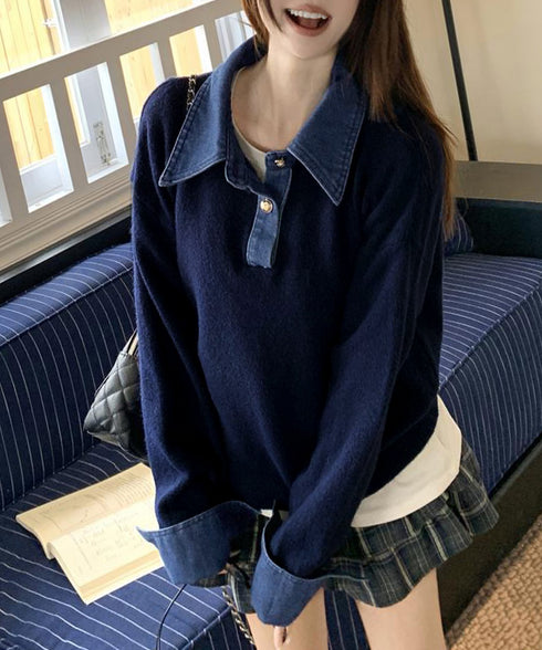 デニム切り替え レイヤード風ニットポロ襟 異素材ドッキングニットトップス 重ね着風 デニム衿ニットプルオーバー レディース おしゃれ 大人カジュアルニット 着やせ 92MRJFS-009