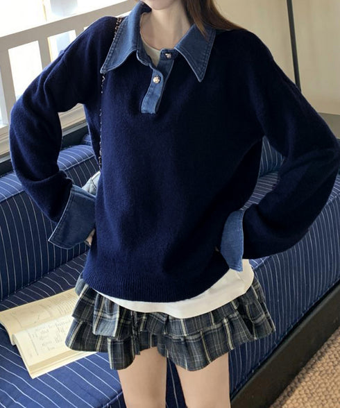 デニム切り替え レイヤード風ニットポロ襟 異素材ドッキングニットトップス 重ね着風 デニム衿ニットプルオーバー レディース おしゃれ 大人カジュアルニット 着やせ 92MRJFS-009