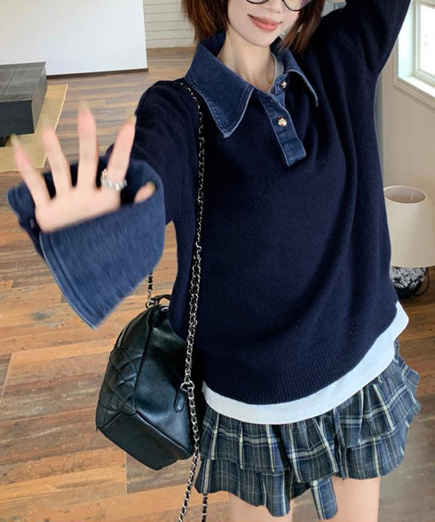 デニム切り替え レイヤード風ニットポロ襟 異素材ドッキングニットトップス 重ね着風 デニム衿ニットプルオーバー レディース おしゃれ 大人カジュアルニット 着やせ 92MRJFS-009
