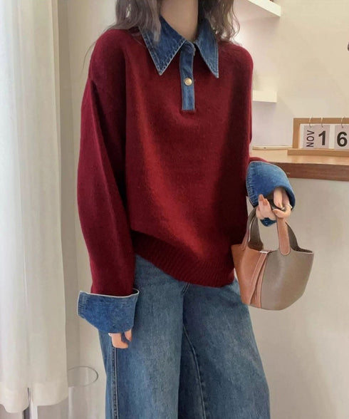 デニム切り替え レイヤード風ニットポロ襟 異素材ドッキングニットトップス 重ね着風 デニム衿ニットプルオーバー レディース おしゃれ 大人カジュアルニット 着やせ 92MRJFS-009