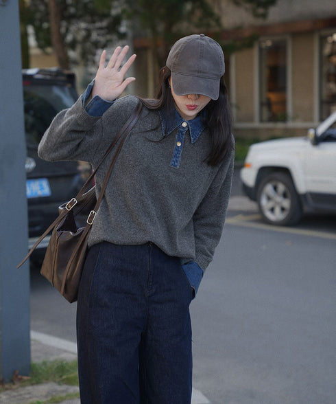 デニム切り替え レイヤード風ニットポロ襟 異素材ドッキングニットトップス 重ね着風 デニム衿ニットプルオーバー レディース おしゃれ 大人カジュアルニット 着やせ 92MRJFS-009