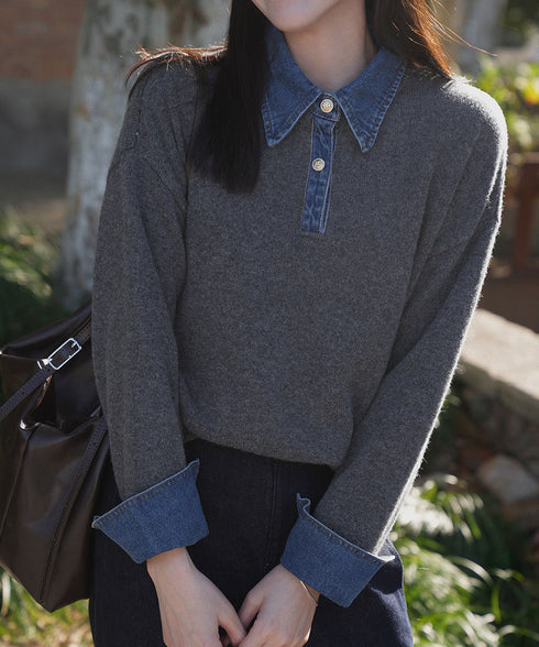 デニム切り替え レイヤード風ニットポロ襟 異素材ドッキングニットトップス 重ね着風 デニム衿ニットプルオーバー レディース おしゃれ 大人カジュアルニット 着やせ 92MRJFS-009