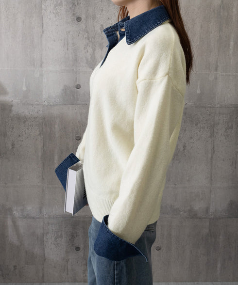 デニム切り替え レイヤード風ニットポロ襟 異素材ドッキングニットトップス 重ね着風 デニム衿ニットプルオーバー レディース おしゃれ 大人カジュアルニット 着やせ 92MRJFS-009