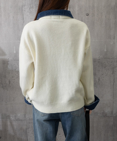 デニム切り替え レイヤード風ニットポロ襟 異素材ドッキングニットトップス 重ね着風 デニム衿ニットプルオーバー レディース おしゃれ 大人カジュアルニット 着やせ 92MRJFS-009