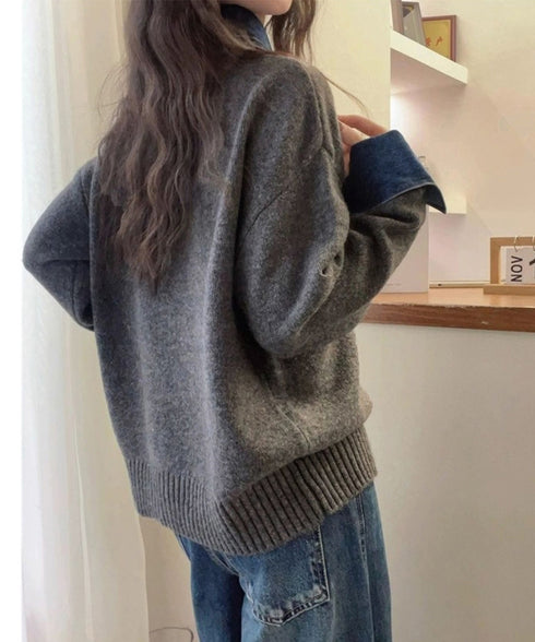 デニム切り替え レイヤード風ニットポロ襟 異素材ドッキングニットトップス 重ね着風 デニム衿ニットプルオーバー レディース おしゃれ 大人カジュアルニット 着やせ 92MRJFS-009