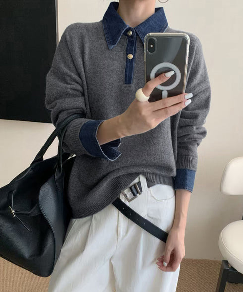 デニム切り替え レイヤード風ニットポロ襟 異素材ドッキングニットトップス 重ね着風 デニム衿ニットプルオーバー レディース おしゃれ 大人カジュアルニット 着やせ 92MRJFS-009