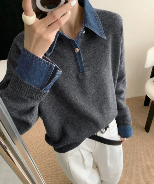 デニム切り替え レイヤード風ニットポロ襟 異素材ドッキングニットトップス 重ね着風 デニム衿ニットプルオーバー レディース おしゃれ 大人カジュアルニット 着やせ 92MRJFS-009
