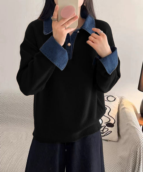 デニム切り替え レイヤード風ニットポロ襟 異素材ドッキングニットトップス 重ね着風 デニム衿ニットプルオーバー レディース おしゃれ 大人カジュアルニット 着やせ 92MRJFS-009