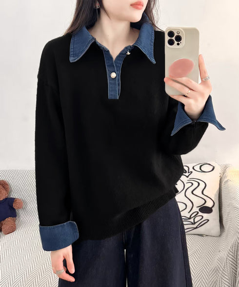 デニム切り替え レイヤード風ニットポロ襟 異素材ドッキングニットトップス 重ね着風 デニム衿ニットプルオーバー レディース おしゃれ 大人カジュアルニット 着やせ 92MRJFS-009