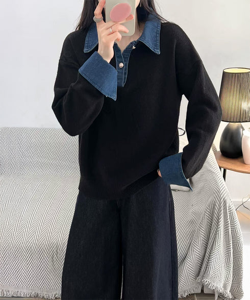 デニム切り替え レイヤード風ニットポロ襟 異素材ドッキングニットトップス 重ね着風 デニム衿ニットプルオーバー レディース おしゃれ 大人カジュアルニット 着やせ 92MRJFS-009